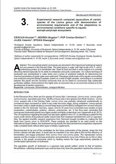 Cover of 03. Experimental research compared aquaculture of certain species of the Lemna genus with demonstration of environmental requirements and of the adaptations to environmental conditions specific to aquatic eutroph-polytroph ecosystems